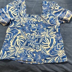 Cato Blue and White Floral Square-Neck Top